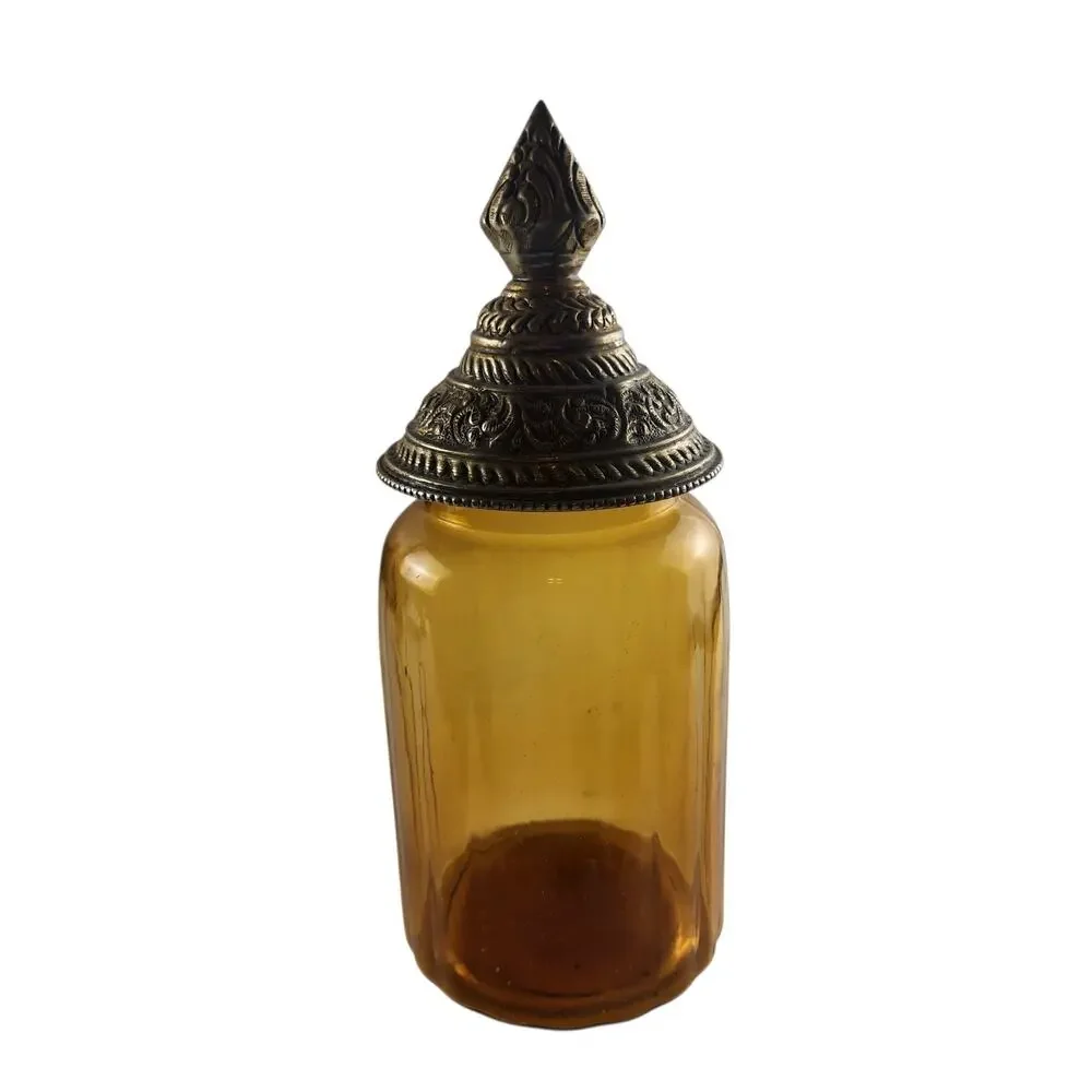 VTG Amber Glass Apothecary Ribbed Caister / Jars Set~3 Metal Gold-Tone Final Lid